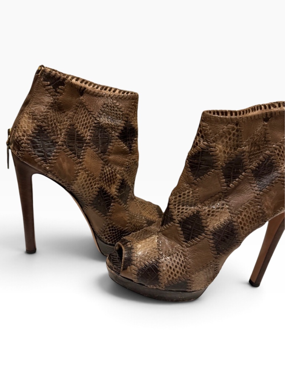 Auth Prada Brown leather snakeskin ankle boot Peep-Toe patchwork platform 40 10